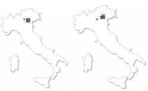 Abbildung 15: links: Verortungen des Stimulus Sp04_23m durch die autoperzeptive Informantengruppe. Rechts: Verortungen des Stimulus Sp05_21m durch die autoperzeptive Informantengruppe.