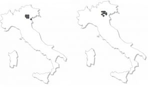 Abbildung 18: links: Verortungen des Stimulus Sp04_23m durch die heteroperzeptive Informantengruppe. Rechts: Verortungen des Stimulus Sp05_21m durch die heteroperzeptive Informantengruppe