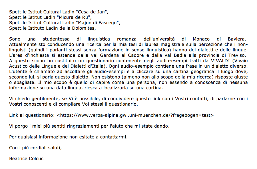 Il testo della e-mail inviato dall'autrice per la raccolta dei dati.